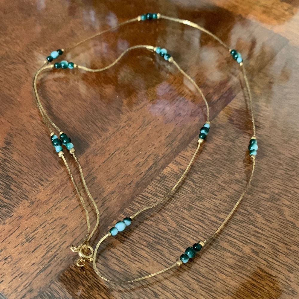 Vintage 80s Tracy Hamilton Necklace Green aquamarine Bead gold tone chain Korea
